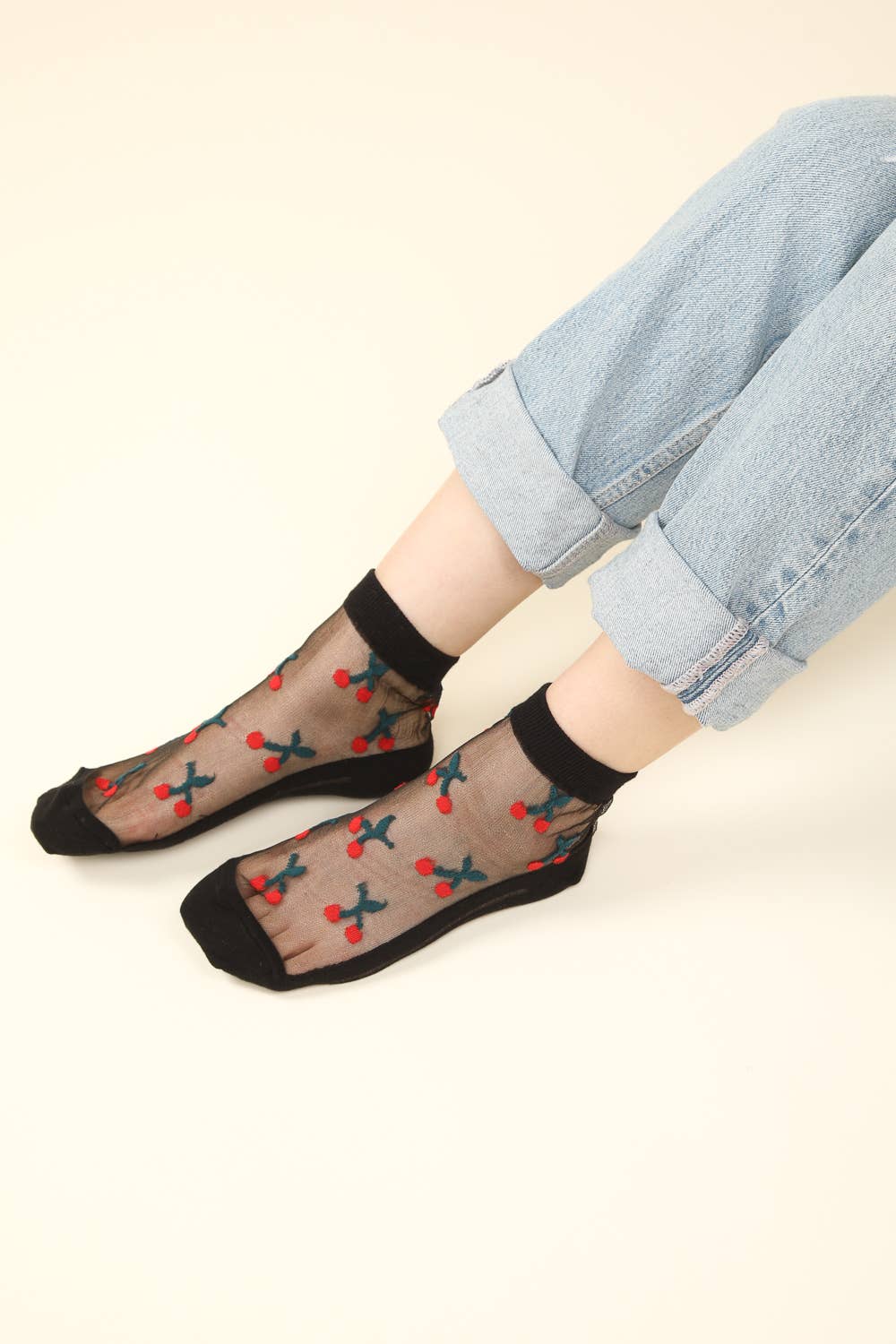 Cherry Embroidered Mesh Ankle Socks