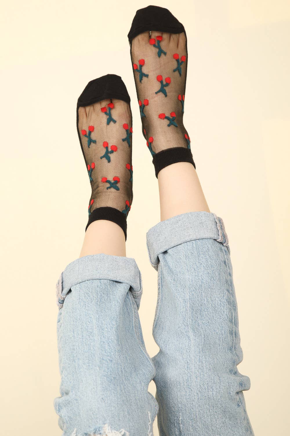 Cherry Embroidered Mesh Ankle Socks