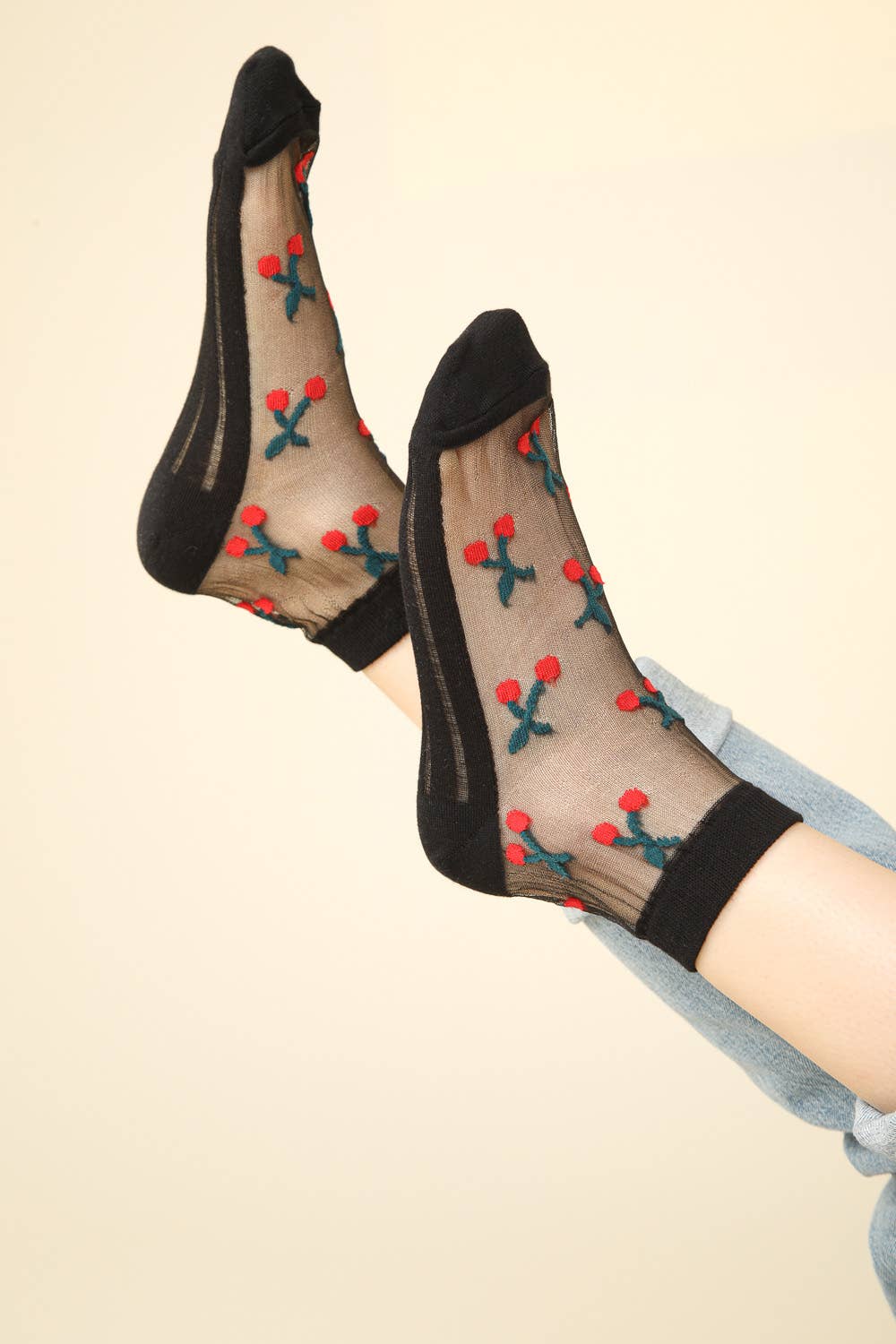 Cherry Embroidered Mesh Ankle Socks