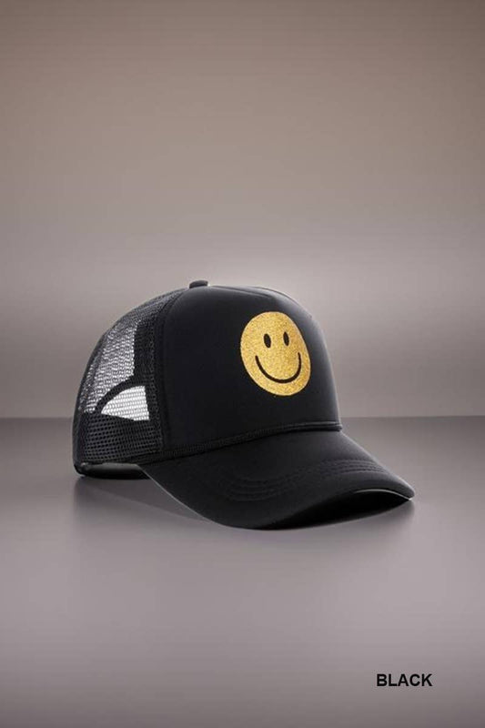 Be Happy Glitter Smiley Trucker Cap