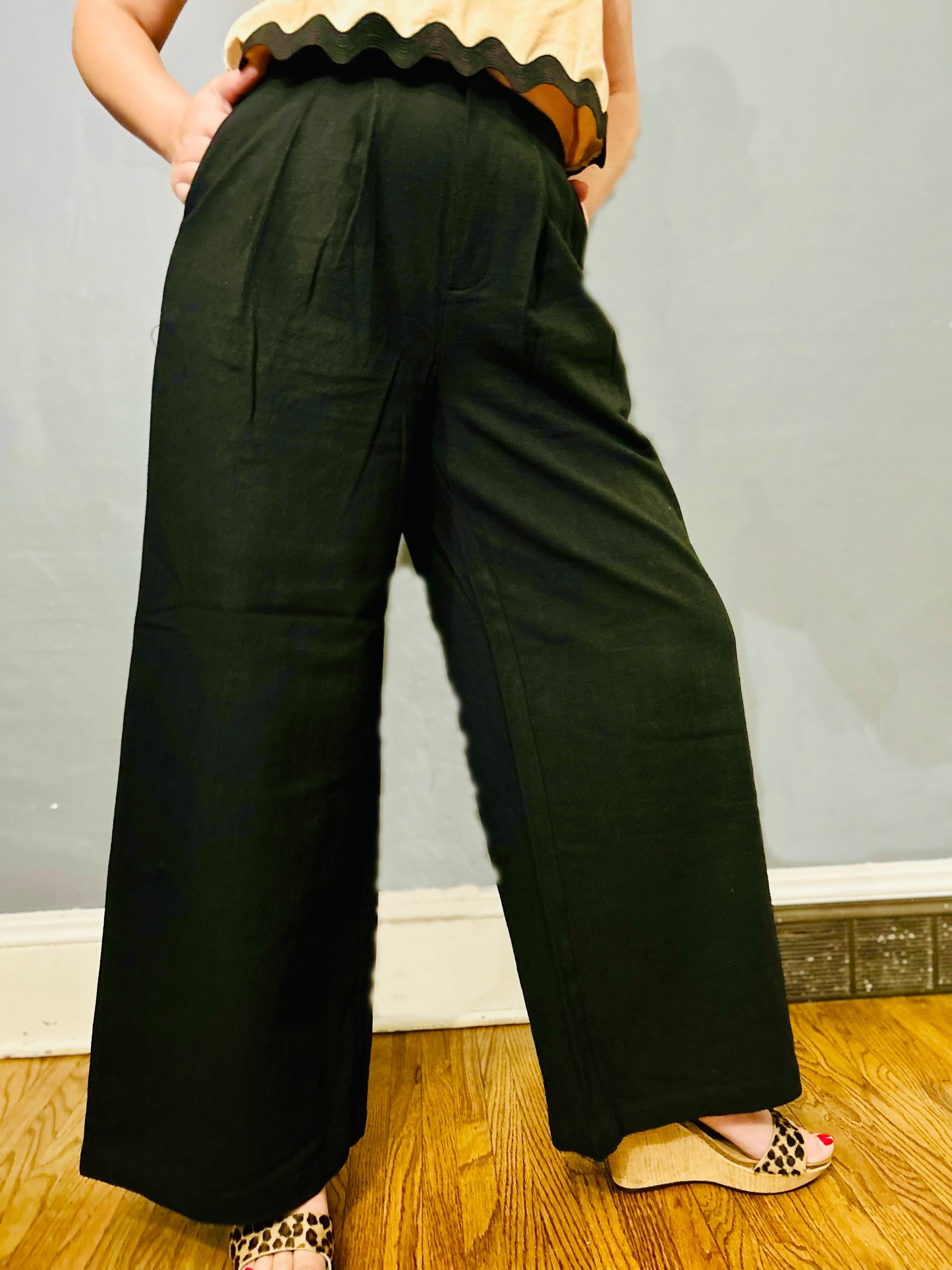 High Waisted Linen Blend Pleated Pants