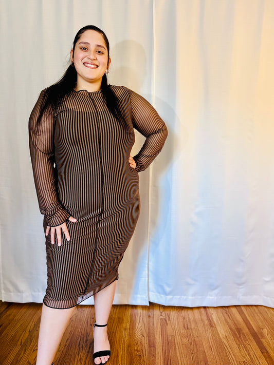 Mystique Mesh & Solid Long Sleeve Midi Dress