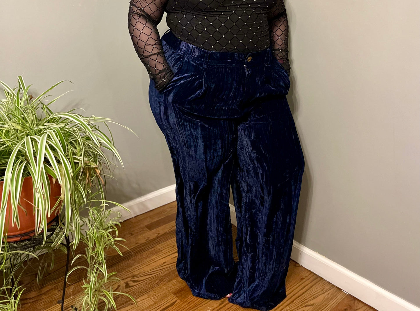 CRINKLE VELVET WIDE LEG PANTS