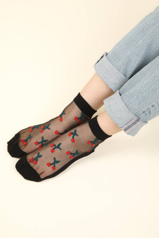 Cherry Embroidered Mesh Ankle Socks