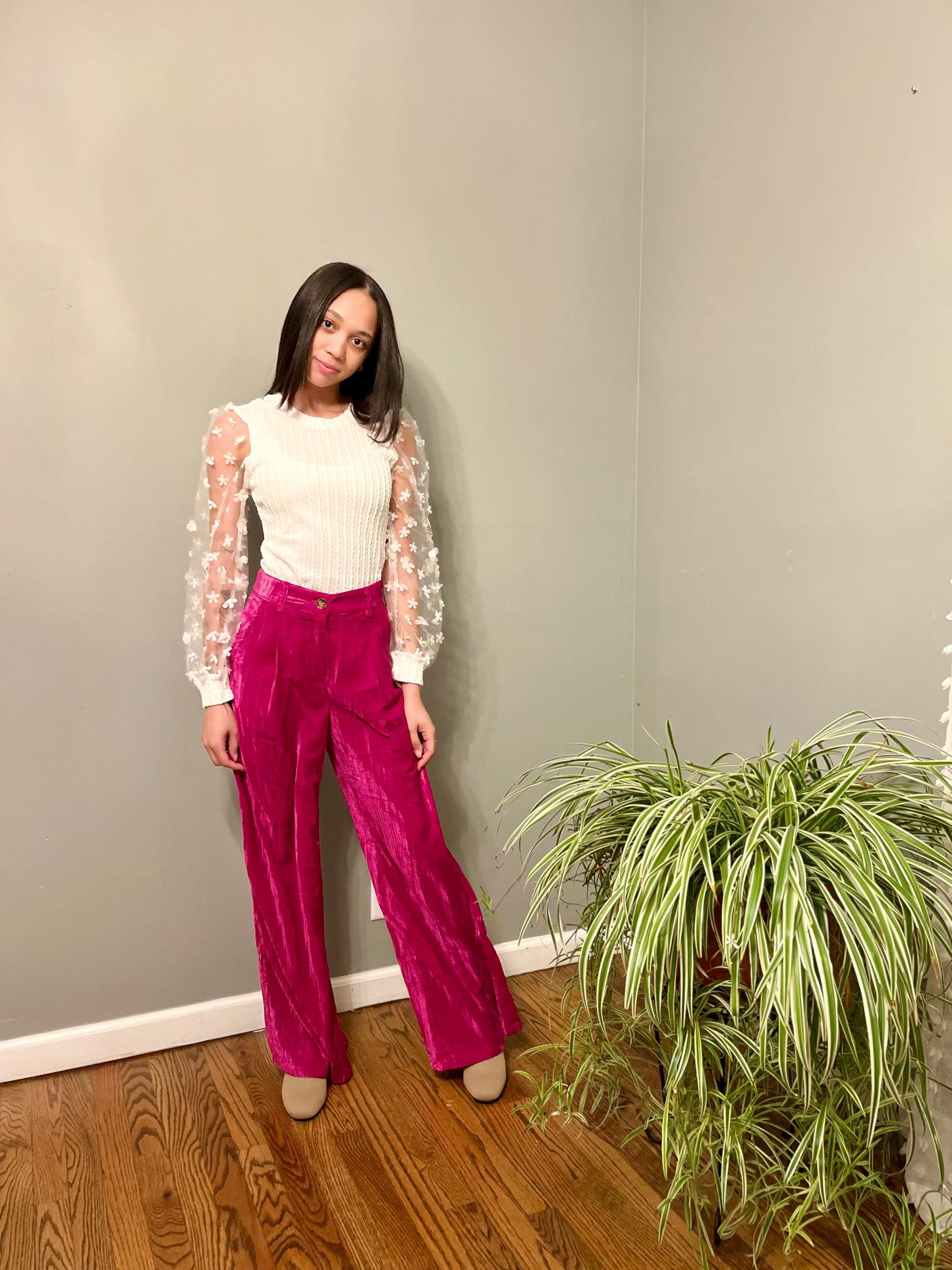 CRINKLE VELVET WIDE LEG PANTS